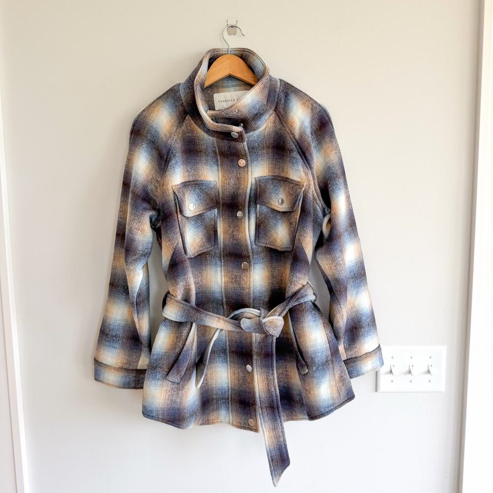 Veronica Beard Amari Belted Checked Woven Jacket Khaki Multi L NWT